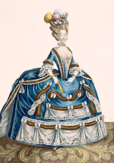 Aufwendiges Hofkleid einer Dame, verziert mit Girlanden und Spitze, graviert von Voysard, Tafel Nr. 46 aus 